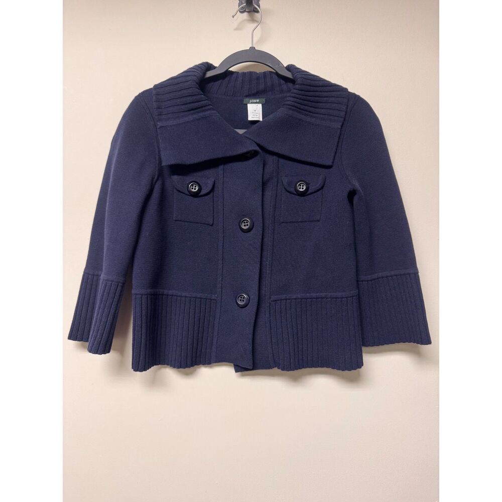 J. CREW 100% Cotton Navy Blue Military Pocket Wide Ribbed Collar Sweater, Sz XS